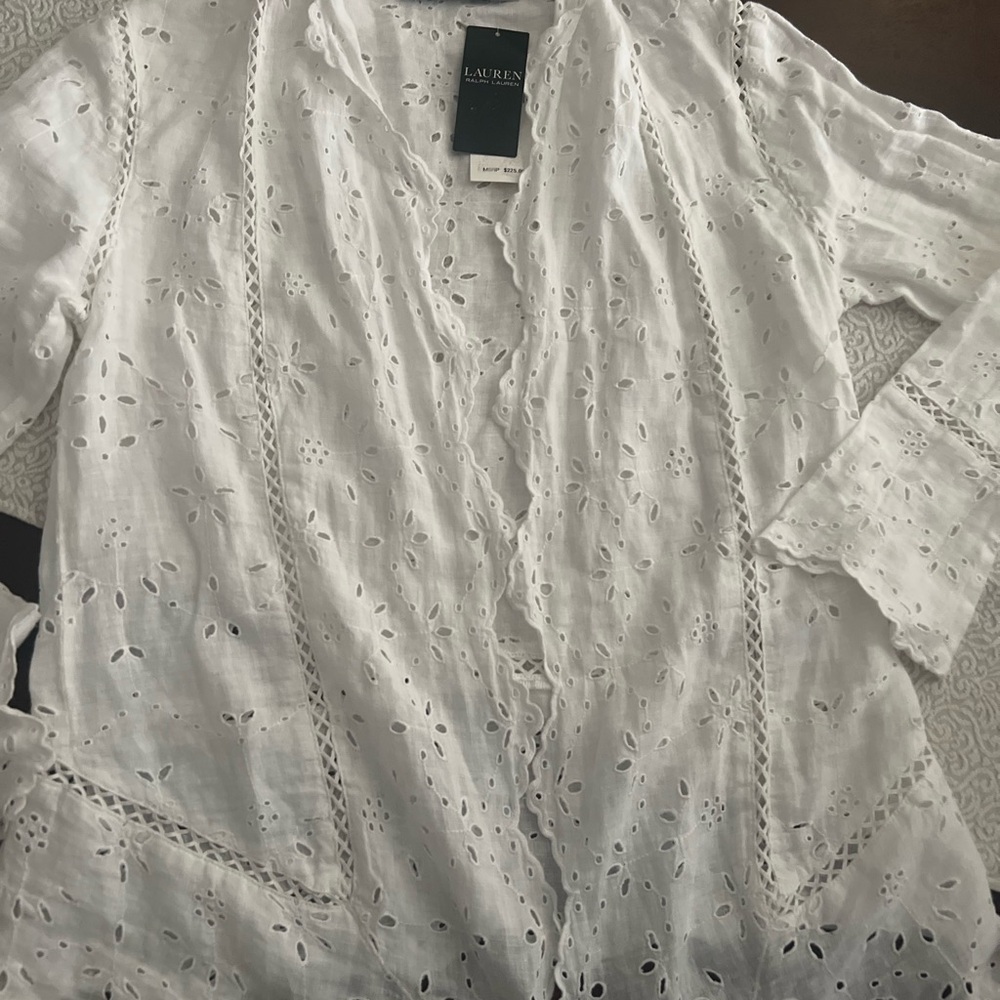 Lauren Ralph Lauren NWT White Eyelet Linen Duster Cottagecore Boho Coastal Small - Picture 5 of 15